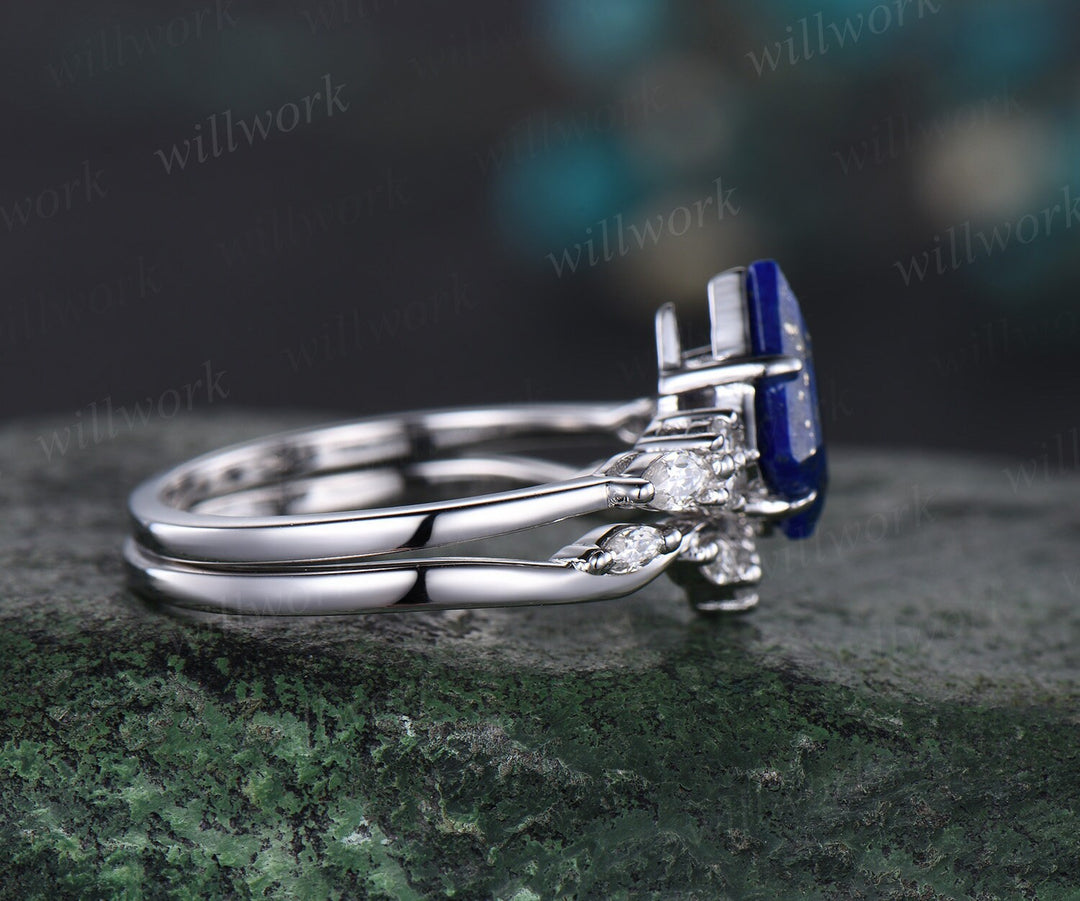 Vintage kite cut lapis lazuli engagement ring set 14k white gold marquise cut diamond ring for women unique twisted bridal wedding ring set