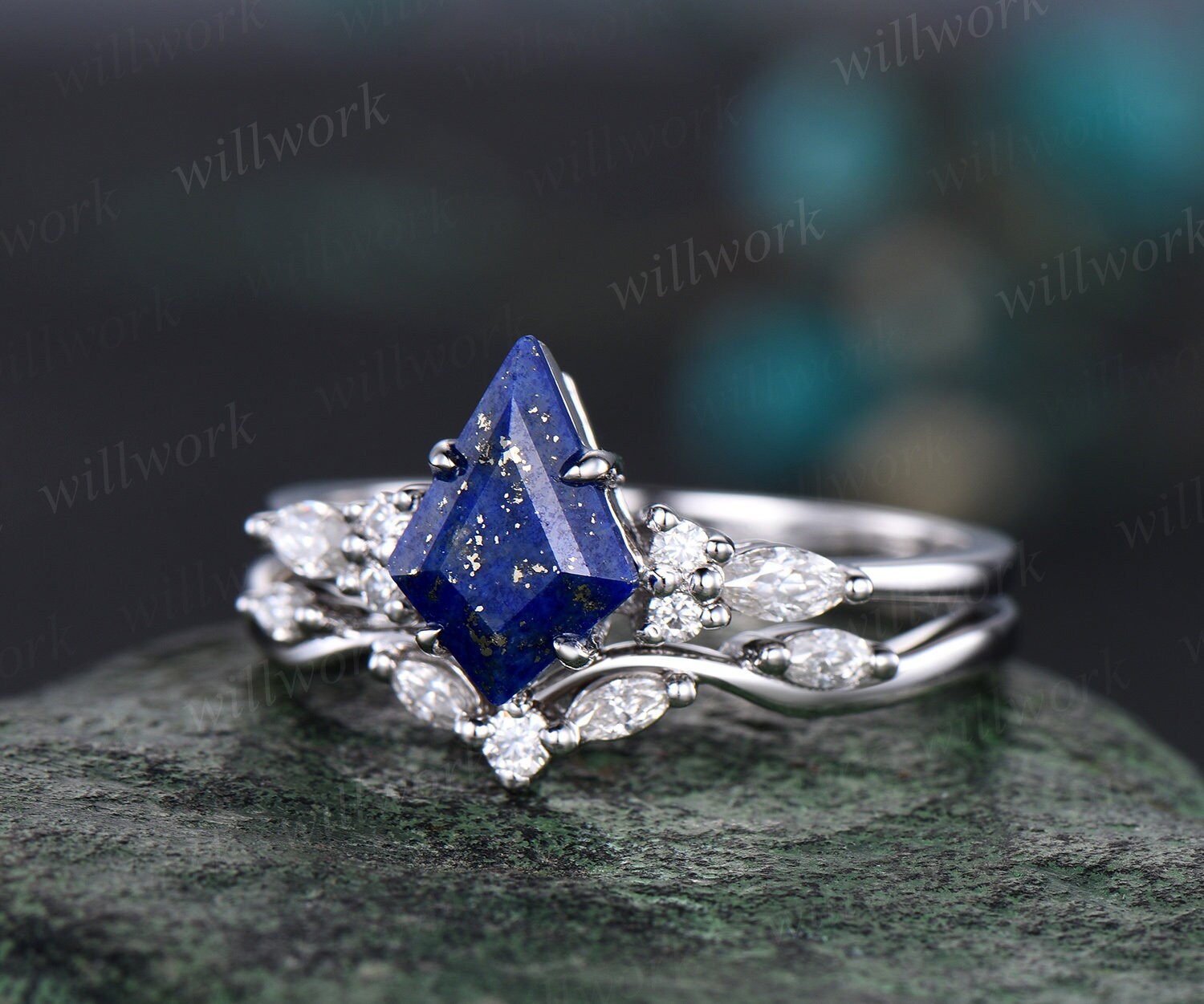 Vintage kite cut lapis lazuli engagement ring set 14k white gold