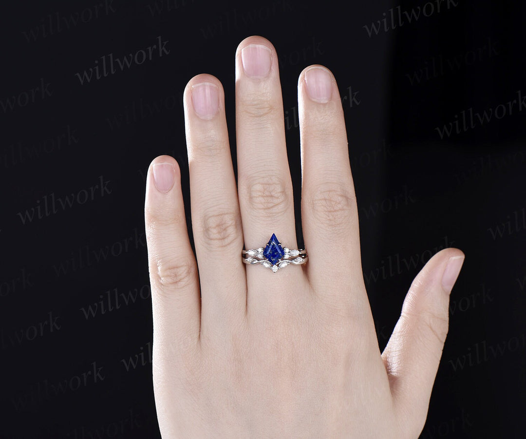 Vintage kite cut lapis lazuli engagement ring set 14k white gold marquise cut diamond ring for women unique twisted bridal wedding ring set