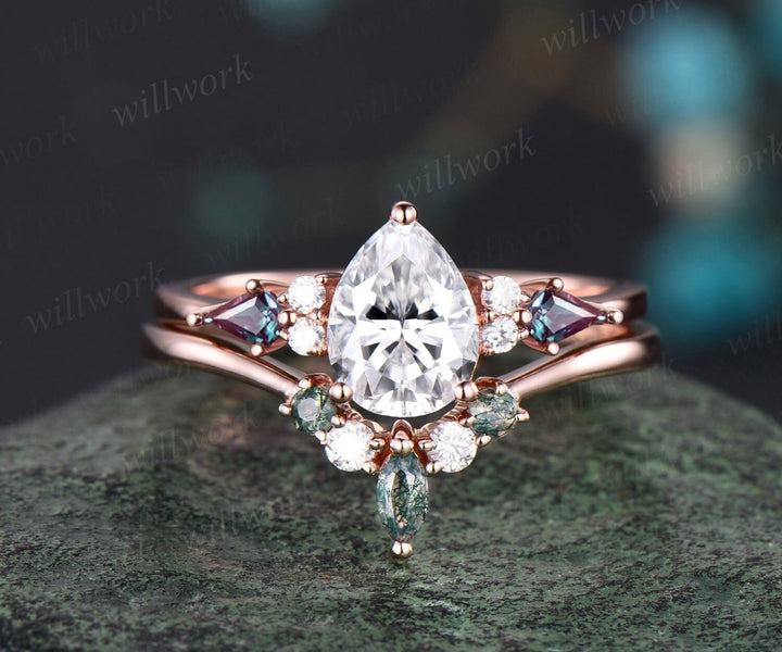 Pear shaped moissanite ring vintage kite alexandrite ring rose gold unique engagement ring stacking promise bridal wedding ring set women