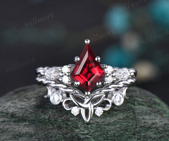 Vintage kite cut red ruby engagement ring solid 14k white gold Celtic knot Twisted diamond anniversary wedding bridal ring set women gift