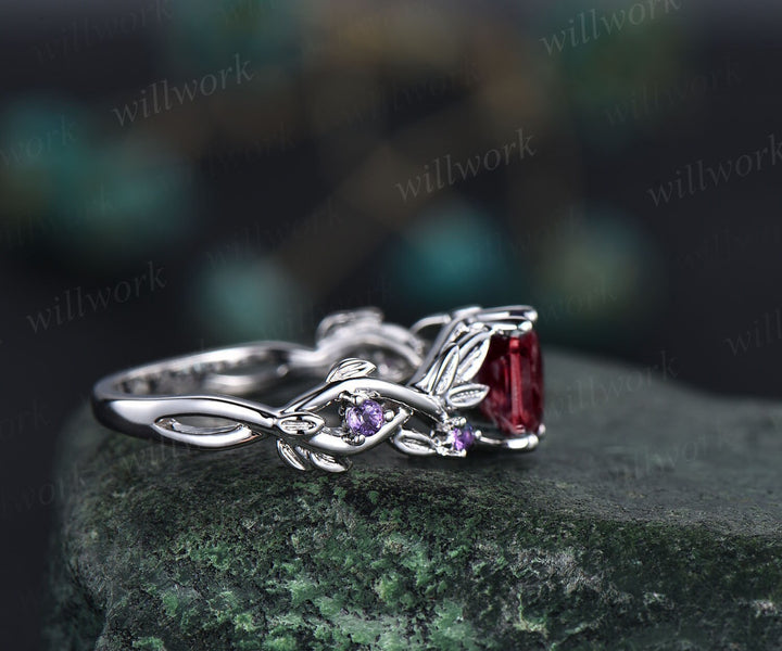 Twig red ruby ring vintage hexagon cut ruby engagement ring solid 14k rose gold leaf opal ring July birthstone ring anniversary ring gift