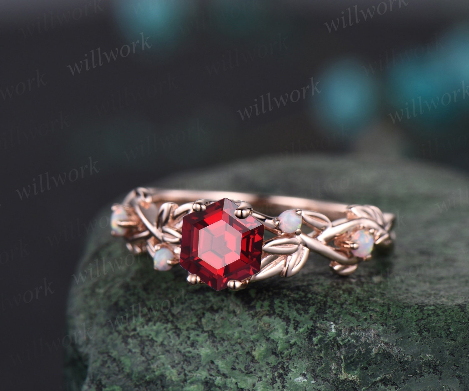 Ruby Engagement Ring, 14K Rose Gold Ring, Wedding Ring, Proposal Ring, Hexagon Ring, Natural Gemstone Ring, Bridal on sale Ring Set, Gifts For Love