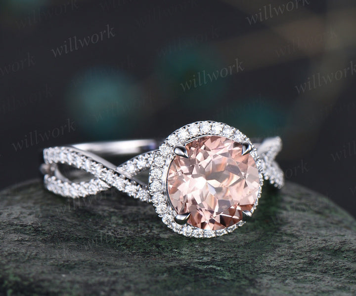 2ct round cut morganite engagement ring white gold twisted infinity halo diamond ring vintage unique promise wedding anniversary ring women