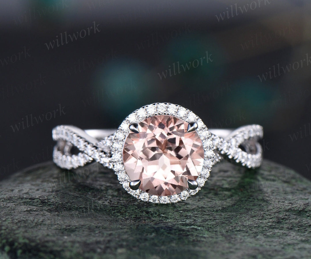 2ct round cut morganite engagement ring white gold twisted infinity halo diamond ring vintage unique promise wedding anniversary ring women