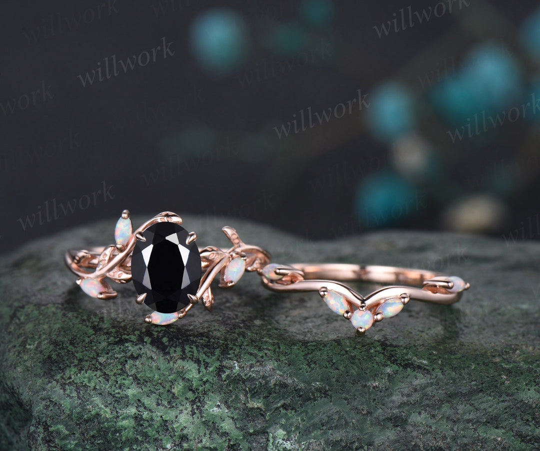 Oval cut black onyx ring vintage five stone opal ring rose gold leaf nature inspired engagement ring art deco twisted wedding ring set women