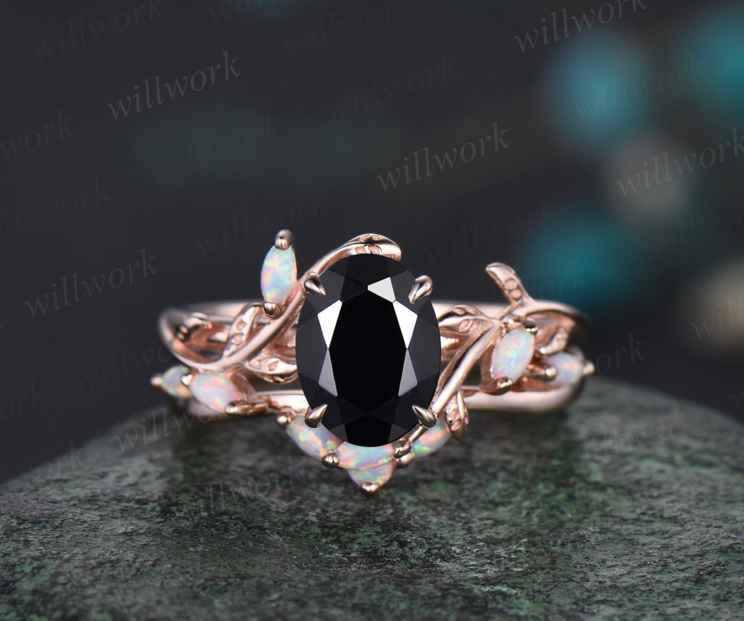 Oval cut black onyx ring vintage five stone opal ring rose gold