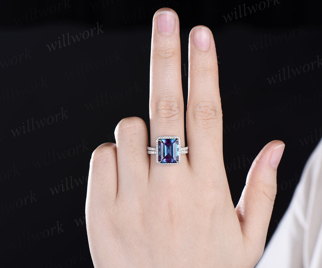7ct emerald cut Alexandrite engagement ring solid 14k white gold half eternity halo diamond promise bridal wedding ring women jewelry