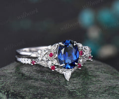 Vintage oval cut sapphire engagement ring 14k rose gold twig leaf floral antique unique ruby diamond bridal wedding ring set women gift
