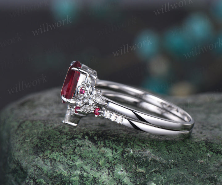 Vintage oval cut ruby engagement ring 14k white gold twig leaf floral antique unique diamond promise bridal wedding ring set women gift