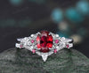 Vintage oval cut ruby engagement ring 14k white gold twig leaf floral antique unique diamond promise bridal wedding ring set women gift