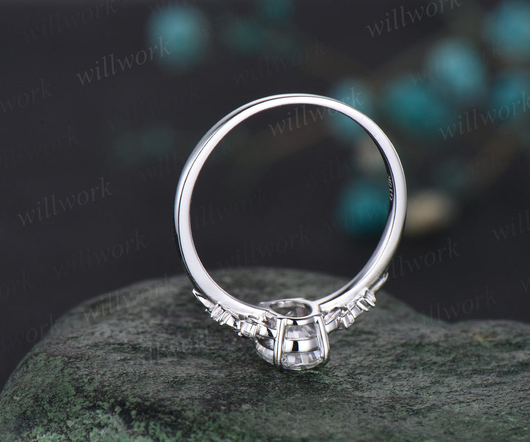 Vintage oval cut moissanite engagement ring 14k white gold twig leaf floral unique ruby diamond promise bridal wedding ring set women gift