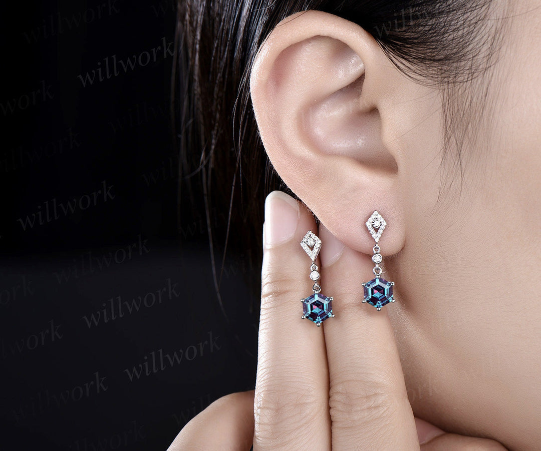 Vintage 1ct hexagon cut alexandrite earrings women solid 14k white gold kite halo diamond drop earrings wedding anniversary gift for her