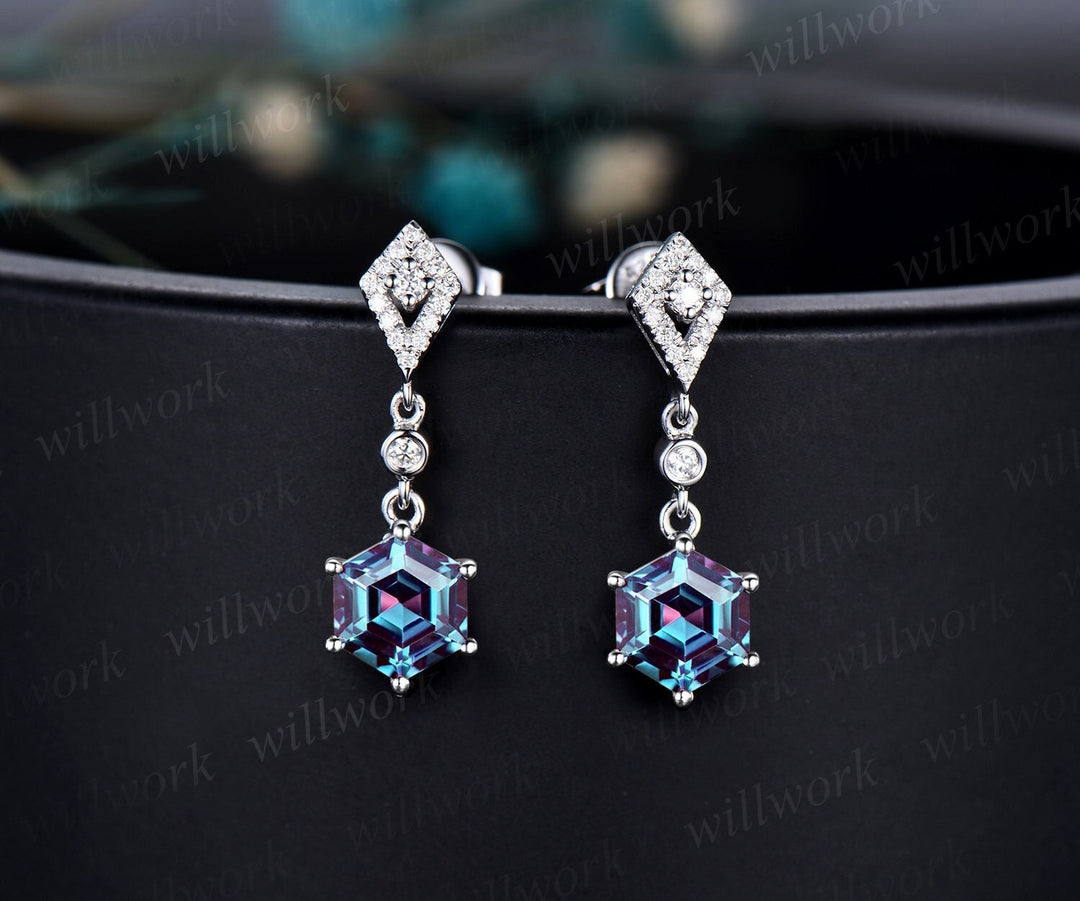 Vintage 1ct hexagon cut alexandrite earrings women solid 14k white gold kite halo diamond drop earrings wedding anniversary gift for her