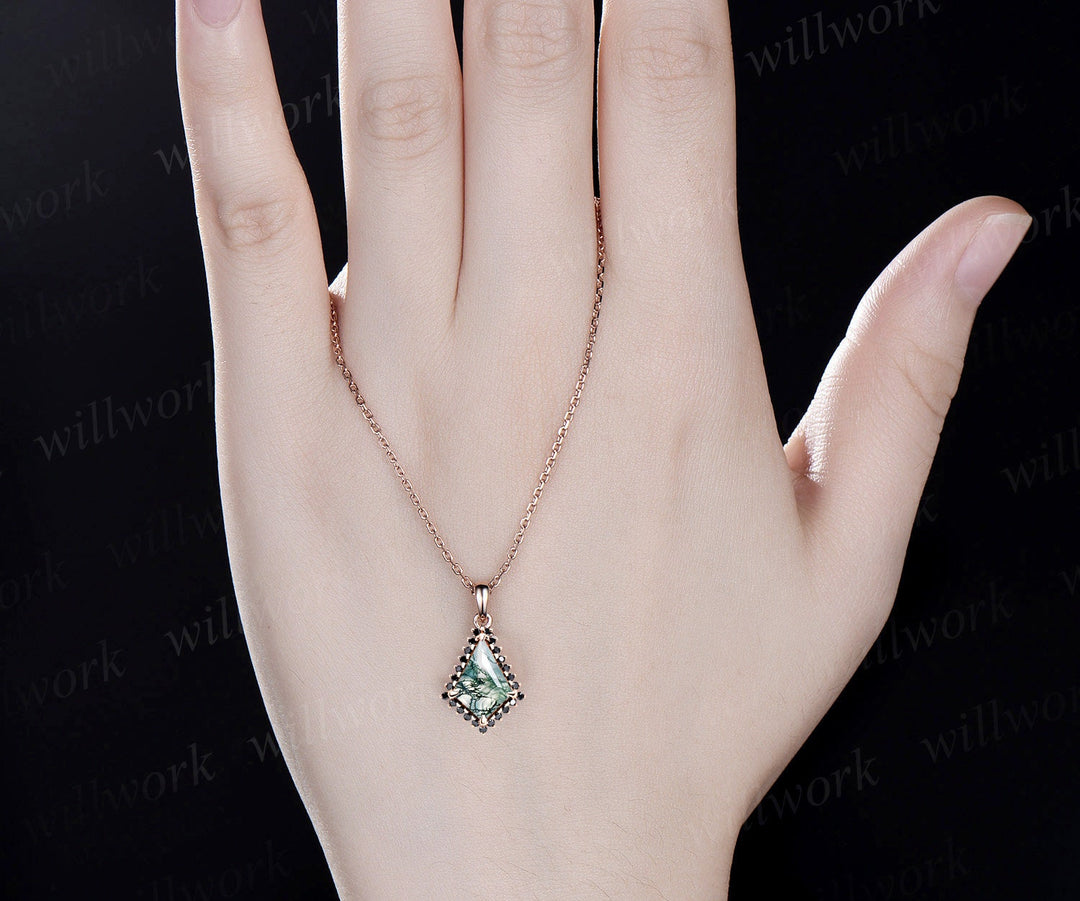 Unique kite cut green moss agate necklace solid 14k 18k yellow gold halo black diamond pendant for women mother promise anniversary gift
