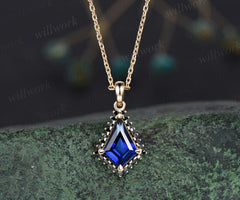 Unique kite cut blue sapphire necklace solid 14k 18k yellow gold halo black diamond pendant women gemstone mother promise anniversary gift