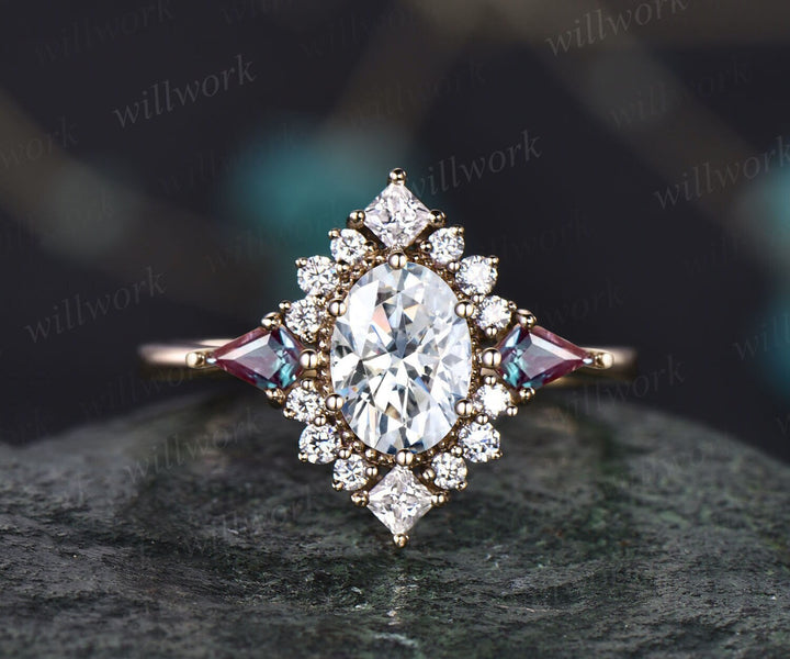 Vintage oval cut moissanite engagement ring 14k yellow gold halo princess diamond ring kite alexandrite ring women wedding anniversary ring