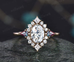 Vintage oval cut moissanite engagement ring 14k yellow gold halo princess diamond ring kite alexandrite ring women wedding anniversary ring