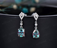 Vintage pear oval cut Alexandrite earrings women solid 14k white gold dainty kite halo diamond drop earrings anniversary gift for her