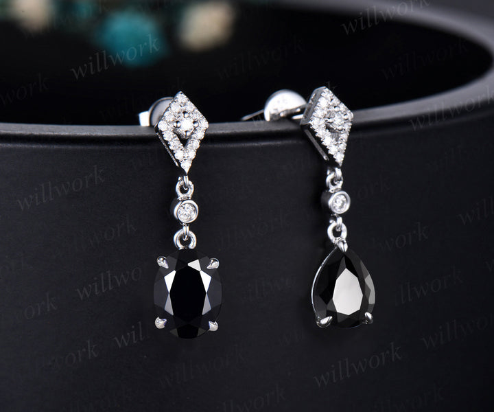 Vintage pear oval cut black onyx earrings women solid 14k 18k white gold dainty kite halo diamond drop earrings anniversary gift for her