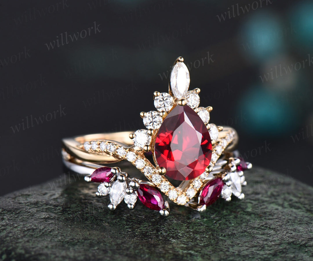 Vintage pear cut red ruby engagement ring 14k yellow gold twisted halo diamond ring jewelry unique promise wedding ring set women gift
