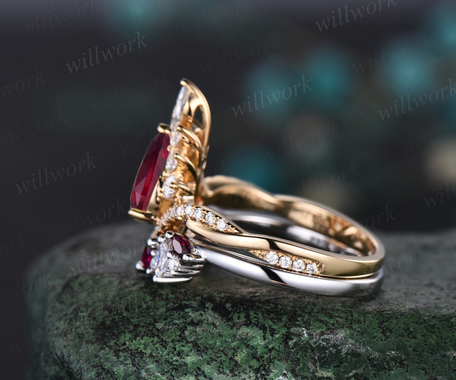 Pear Cut Ruby Engagement Ring Set 14k Gold Ruby 3 buy Piece Wedding Ring Set Vintage Ruby Bridal Ring Set Unique Ruby Promise Ring Set For Women