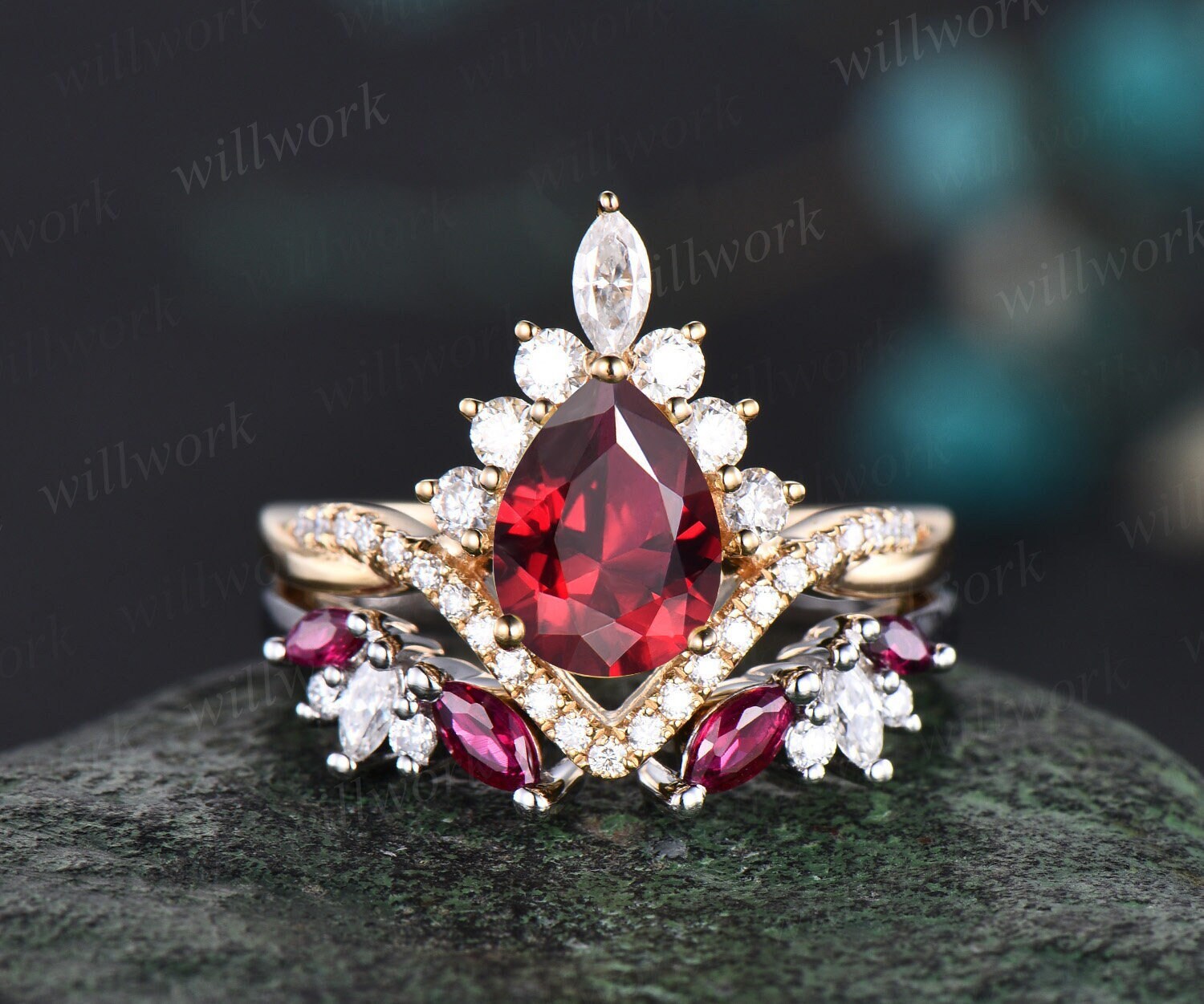 Pear Cut selling Ruby Engagement Ring Set 14k Gold Ruby 3 Piece Wedding Ring Set Vintage Ruby Bridal Ring Set Unique Ruby Promise Ring Set For Women