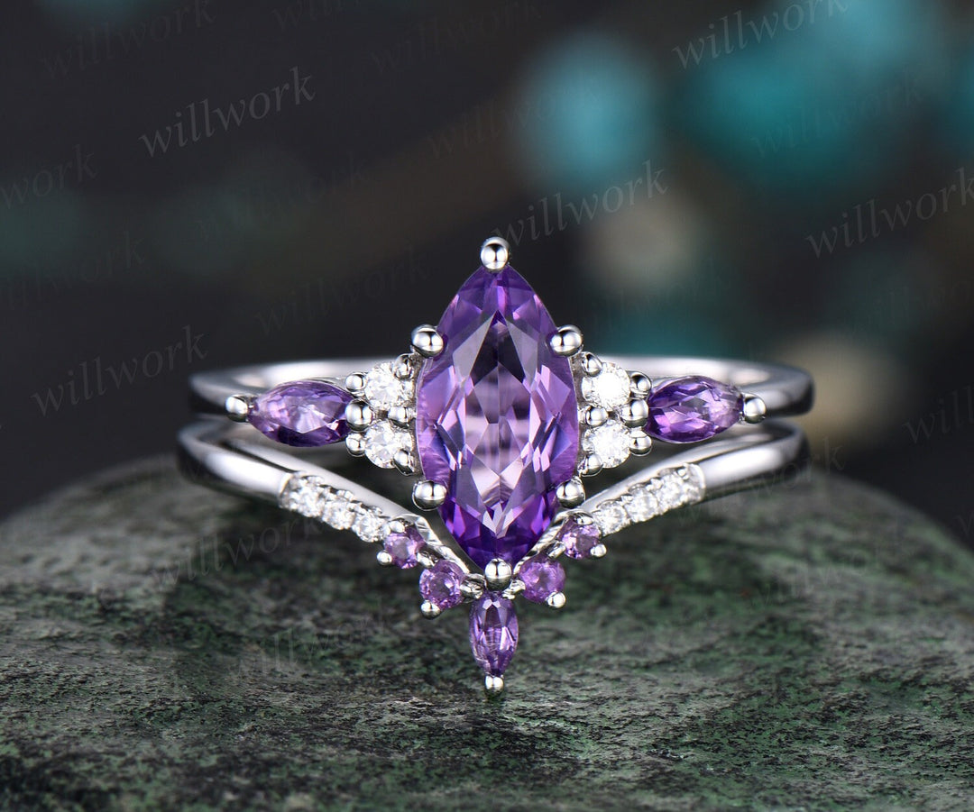 Vintage marquise cut purple amethyst engagement ring art deco 14k white gold moissanite 6 prong gemstone bridal wedding ring set women