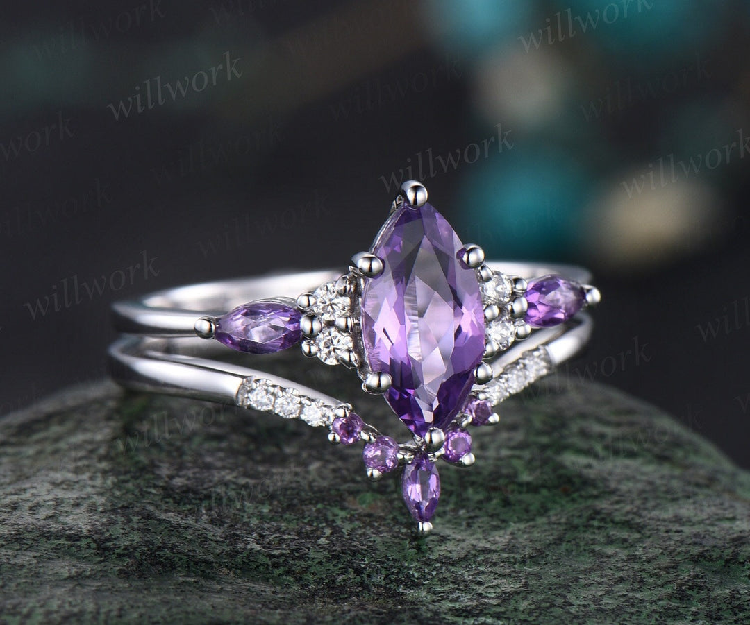 Vintage marquise cut purple amethyst engagement ring art deco 14k white gold moissanite 6 prong gemstone bridal wedding ring set women