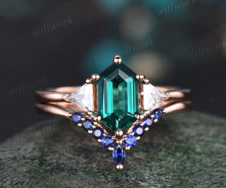 Hexagon cut green emerald engagement ring rose gold three stone trillion moissanite ring sapphire wedding bridal ring set women jewelry