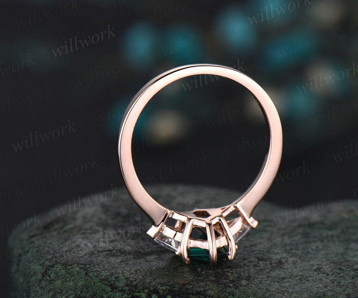 Hexagon cut green emerald engagement ring rose gold three stone trillion moissanite ring sapphire wedding bridal ring set women jewelry