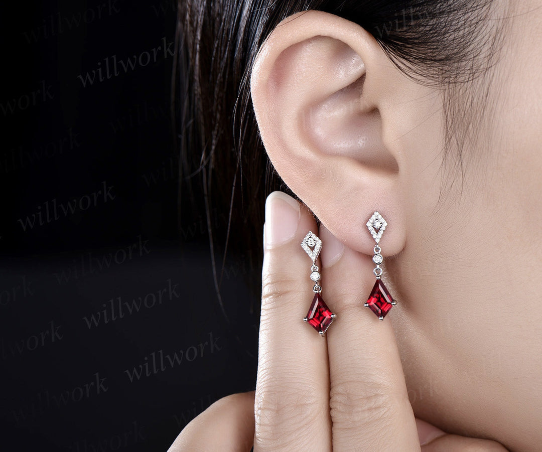 Vintage kite cut red ruby earrings solid 14k white gold halo diamond drop earrings women July birthstone dainty anniversary gift for her