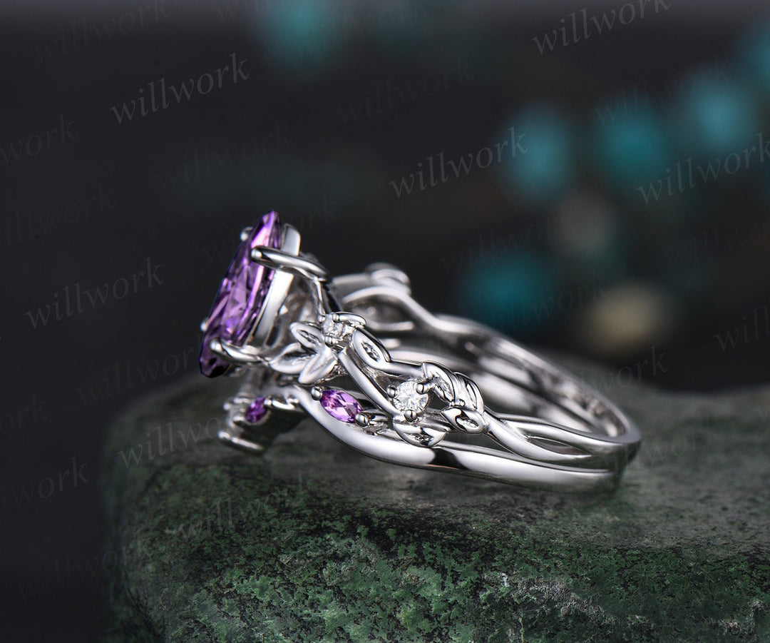 Vintage marquise cut purple amethyst engagement ring women twig leaf Nature inspired white gold ring branch diamond bridal ring set gift
