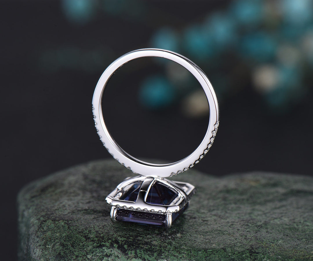 7ct emerald cut Alexandrite engagement ring solid 14k white gold half eternity halo diamond promise bridal wedding ring women jewelry