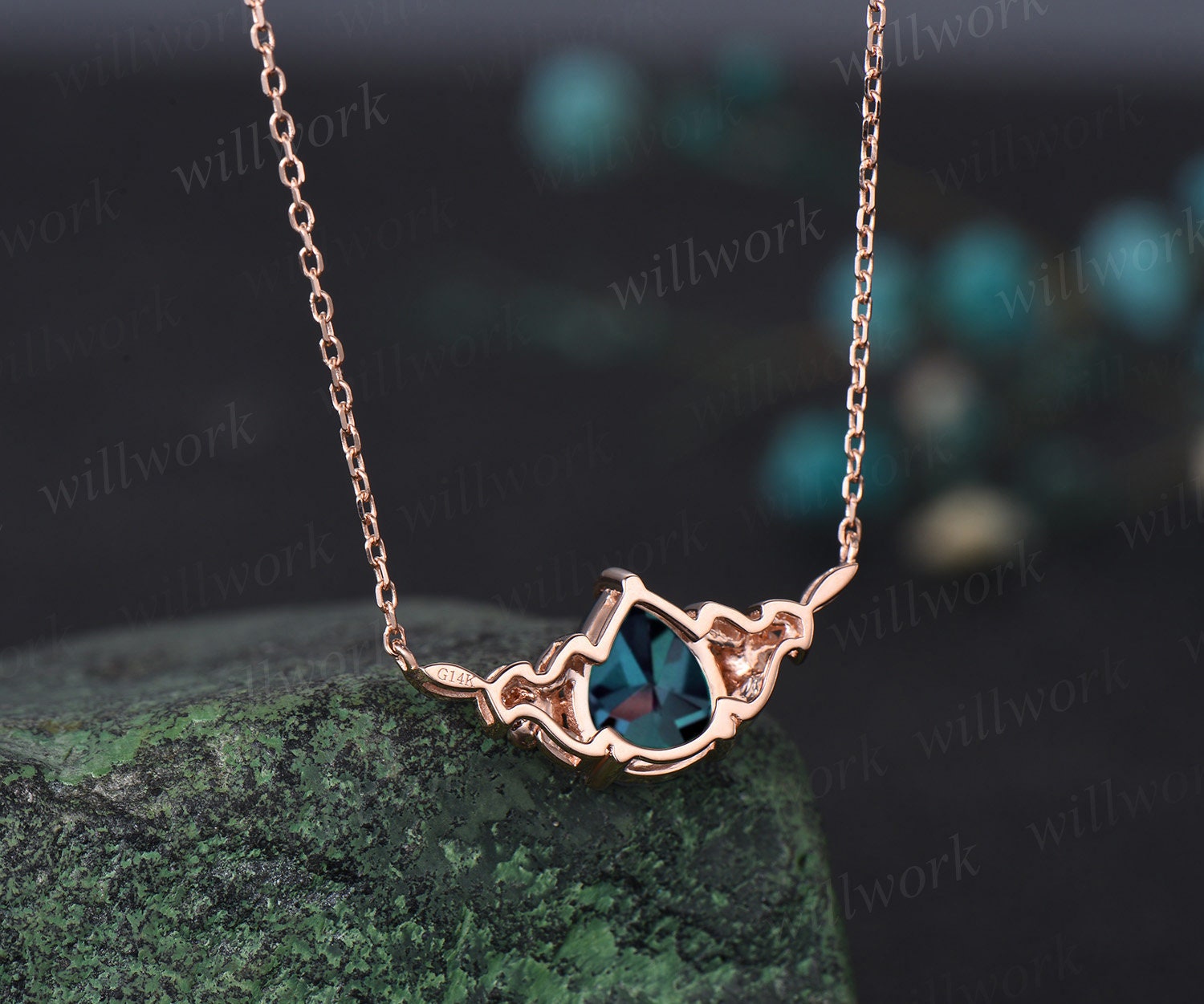 Pear cut alexandrite necklace solid 14k 18k rose gold three stone nature  inspired leaf floral emerald pendant women anniversary gift mother