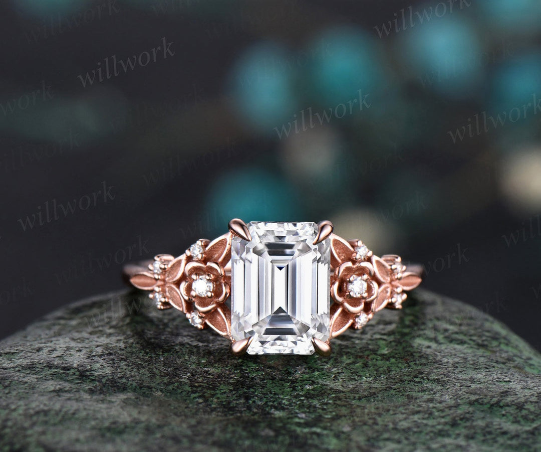 Vintage emerald cut moissanite engagement ring rose gold leaf flower nature inspired unique cluster diamond bridal wedding ring set women
