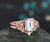 Vintage emerald cut moissanite engagement ring rose gold leaf flower nature inspired unique cluster diamond bridal wedding ring set women