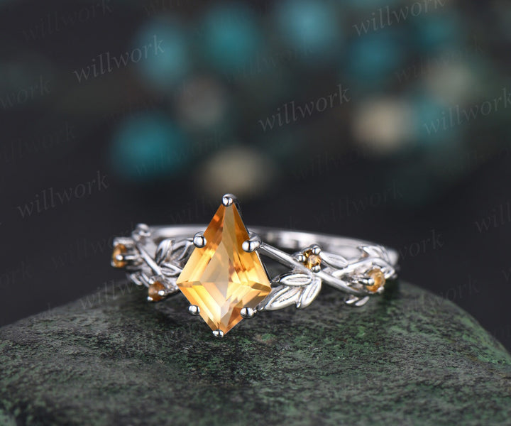 Vintage kite cut yellow citrine engagement ring white gold five stone leaf Nature inspired Crystal gemstone anniversary ring women gift