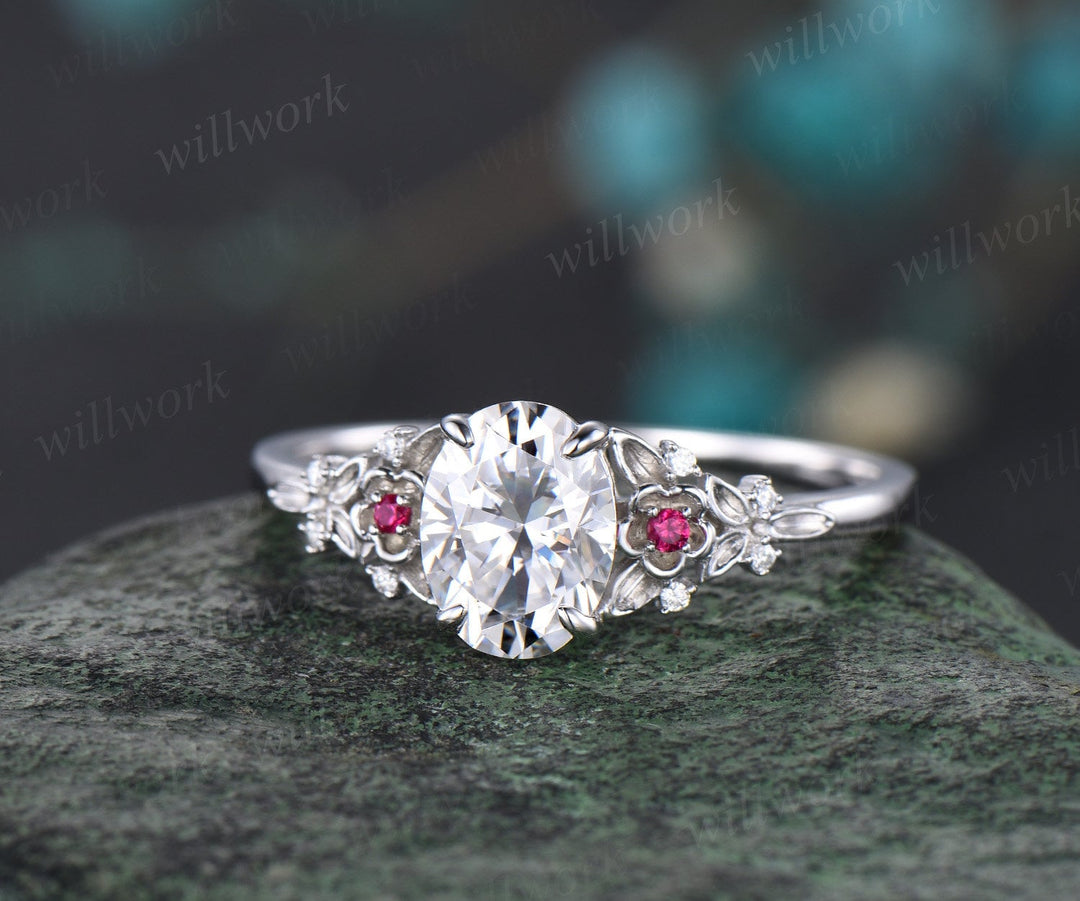 Vintage oval cut moissanite engagement ring 14k white gold twig leaf floral unique ruby diamond promise bridal wedding ring set women gift