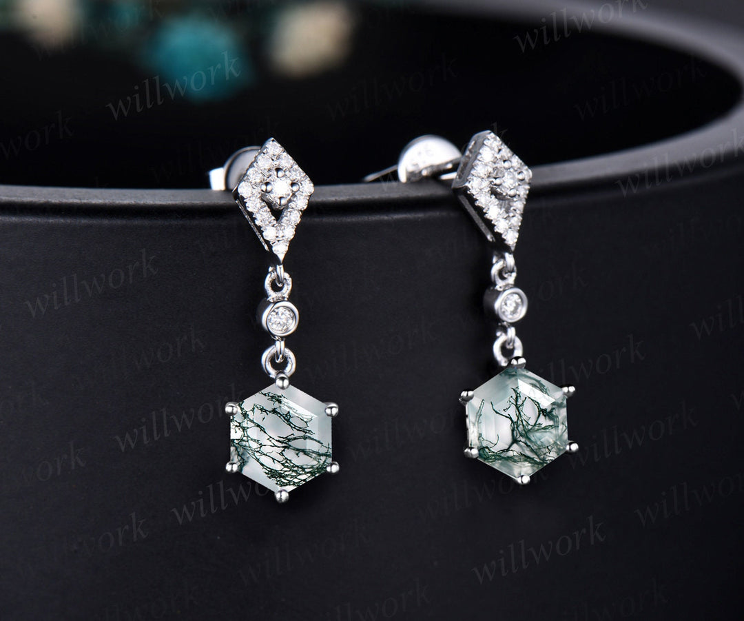 Vintage 1ct hexagon cut green moss agate earrings women solid 14k white gold kite halo diamond drop earrings anniversary gift for her