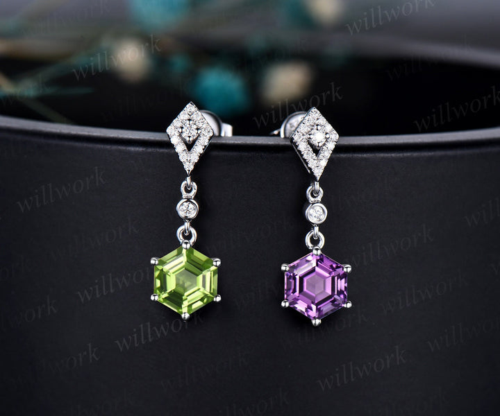 Vintage 1ct hexagon cut amethyst and peridot earrings women solid 14k white gold kite halo diamond drop earrings anniversary gift for her