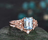 Vintage emerald cut aquamarine engagement ring rose gold leaf flower nature inspired unique cluster diamond bridal wedding ring set women