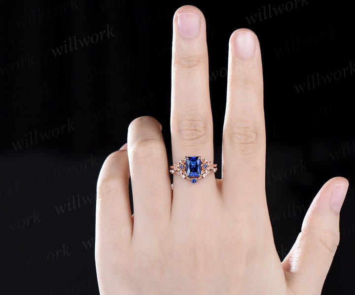Vintage Radiant cut sapphire engagement ring rose gold leaf flower nature inspired unique cluster diamond bridal wedding ring set women