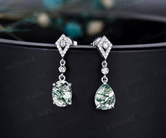 Vintage pear oval cut green moss agate earrings women solid 14k white gold dainty kite halo diamond drop earrings anniversary gift for her