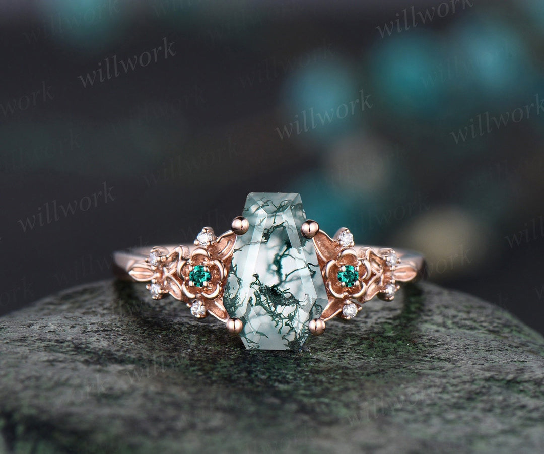 Vintage coffin cut green moss agate engagement ring rose gold twig