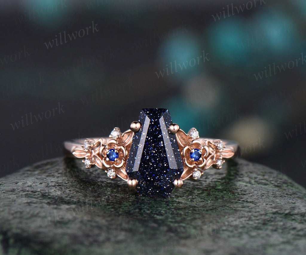 Vintage coffin cut blue sandstone engagement ring rose gold leaf