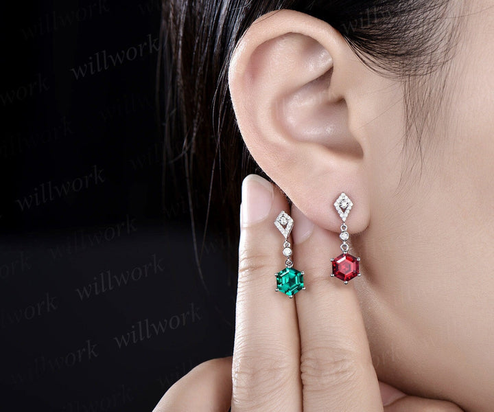 Vintage 1ct hexagon cut ruby and emerald earrings women solid 14k white gold kite halo diamond drop earrings anniversary gift her jewelry
