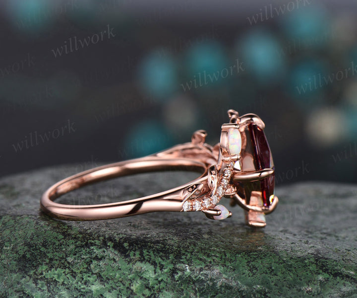 Vintage princess cut red garnet engagement ring rose gold leaf nature inspired branch half eternity diamond opal anniversary ring women gift