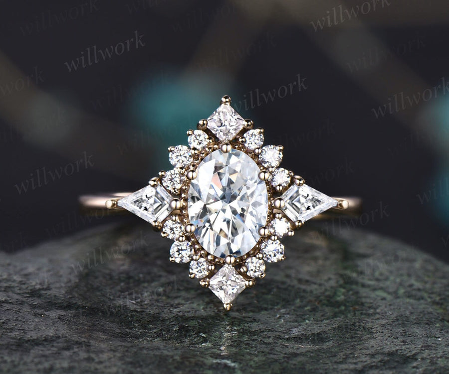 Vintage oval cut moissanite engagement ring 14k yellow gold halo princ ...