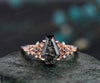 Vintage coffin cut black rutilated quartz engagement ring rose gold twig leaf floral ring unique cluster diamond bridal ring set women gift